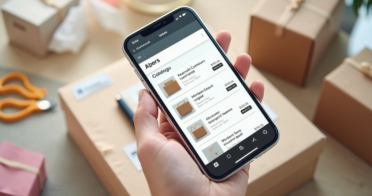 Catálogo digital de loja online aberto em celular sobre mesa de embalagem 