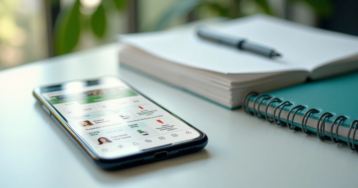 Catálogo digital aberto no celular sobre mesa de trabalho 