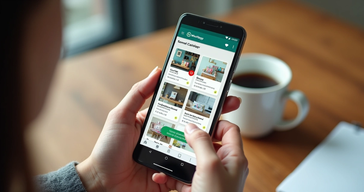 Pessoa segurando smartphone com catálogo digital no WhatsApp 
