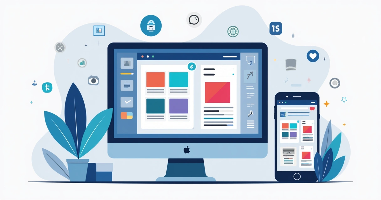Ilustração corporativa de criação de catálogo digital com computador e smartphone exibindo design de produtos coloridos e atraentes, interface drag and drop visível 