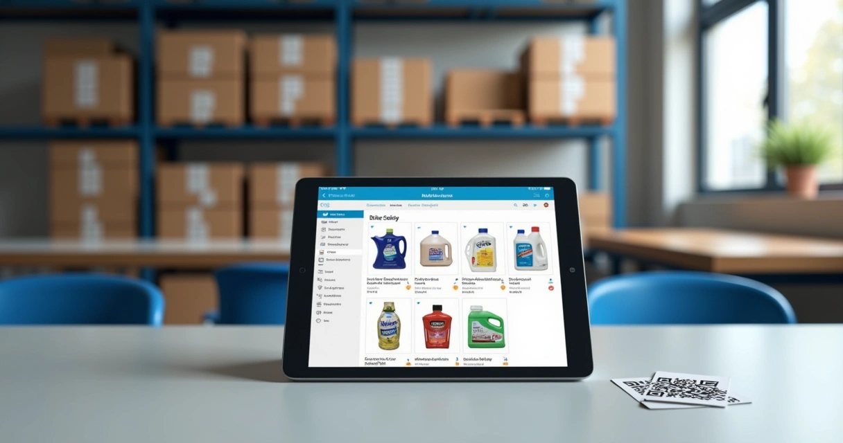 Catálogo digital aberto em tablet com produtos de distribuidora 