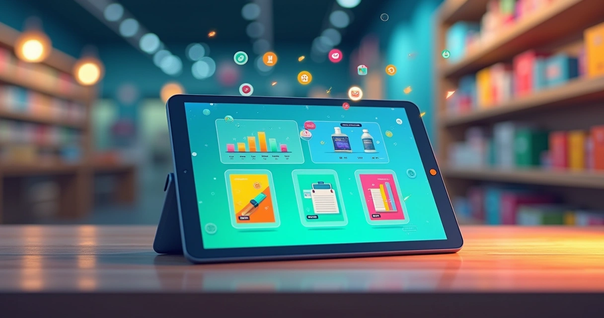 Tablet com catálogo digital em uma mesa, mostrando produtos coloridos, ícones de interação e ambiente de loja moderno.