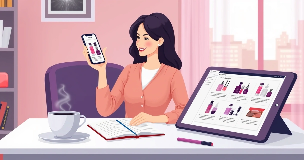 Mulher criando catálogo digital no notebook em ambiente claro 