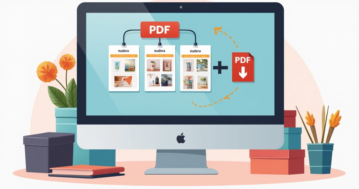 Tela de computador mostrando catálogo Eudora digital sendo salvo em PDF 