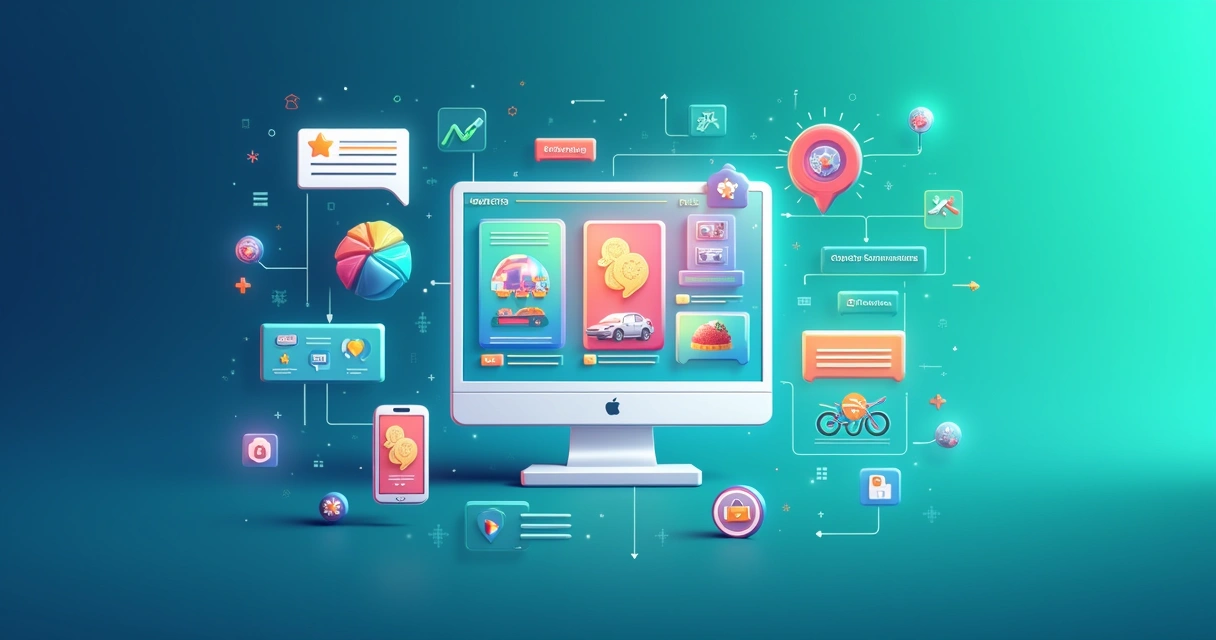 Ilustração de um catálogo digital com imagens de produtos, filtros de busca e ícones de redes sociais.