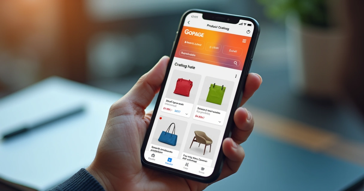 Catálogo digital da Gopage sendo visualizado em um smartphone 
