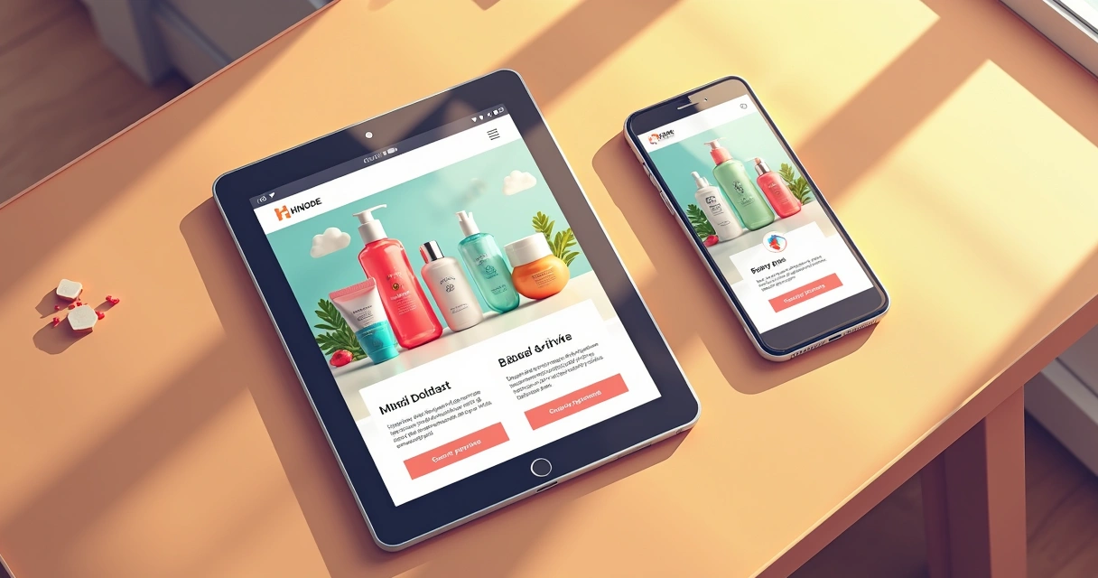 Catálogo digital de produtos de beleza Hinode aberto em tablet e smartphone na mesa 