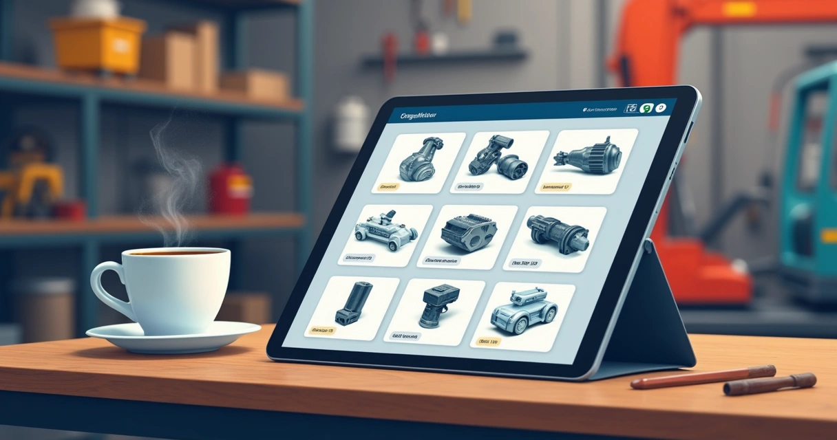 Catálogo digital aberto em tablet, exibindo produtos industriais 