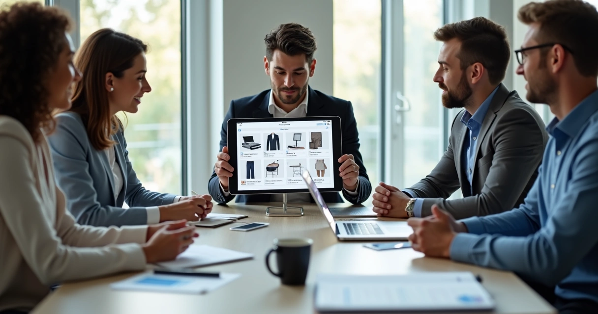 Catálogo digital sendo apresentado em tablet durante negociação B2B 