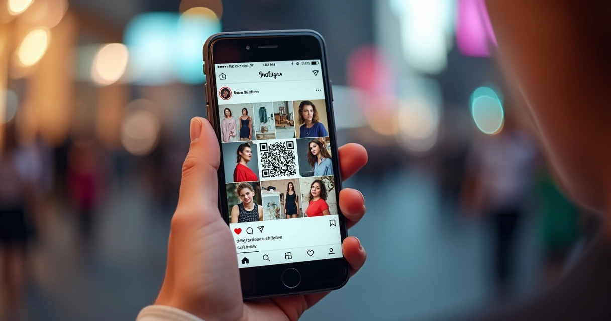 Arte de catálogo digital para instagram com QR code e produtos em destaque em uma tela de smartphone 