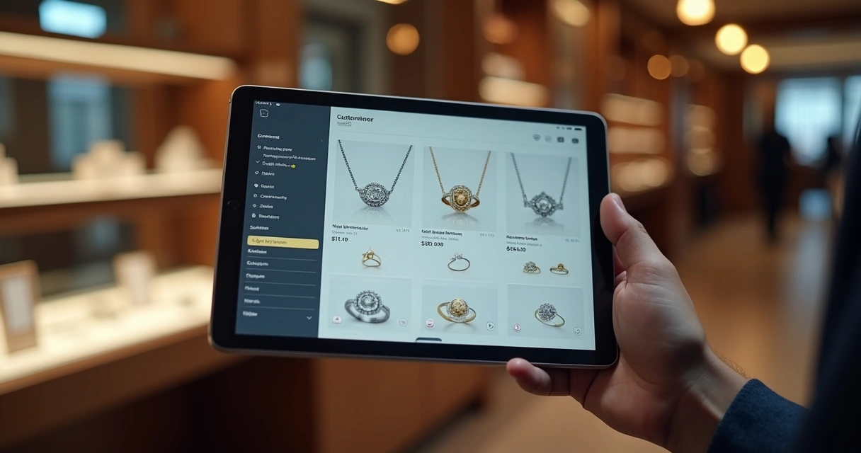 Tablet mostrando catálogo digital de joias com imagens detalhadas e interface elegante 