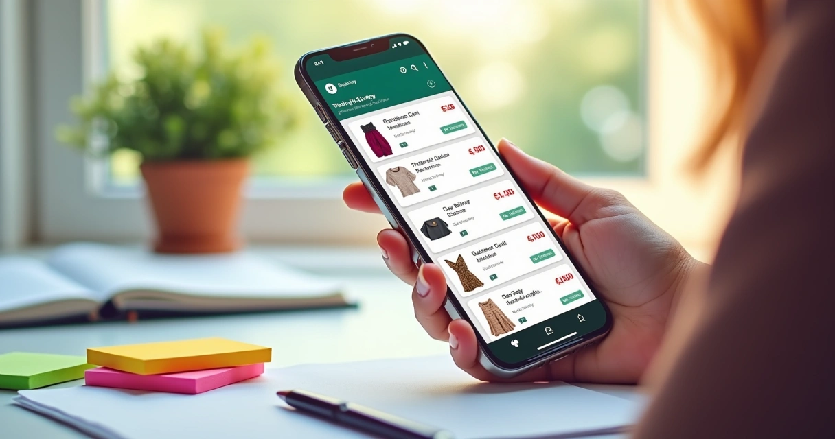 Catálogo digital aberto em celular com lista de produtos 