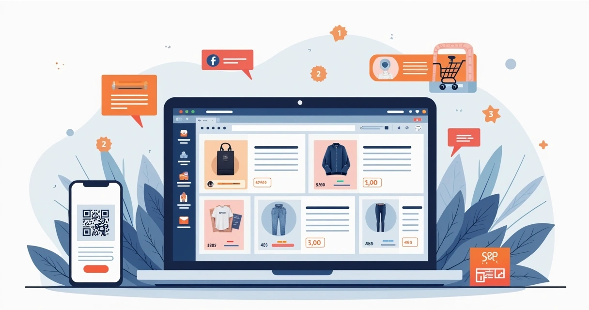 Catálogo digital com produtos organizados em categorias, imagens e valores exibidos na tela do notebook 