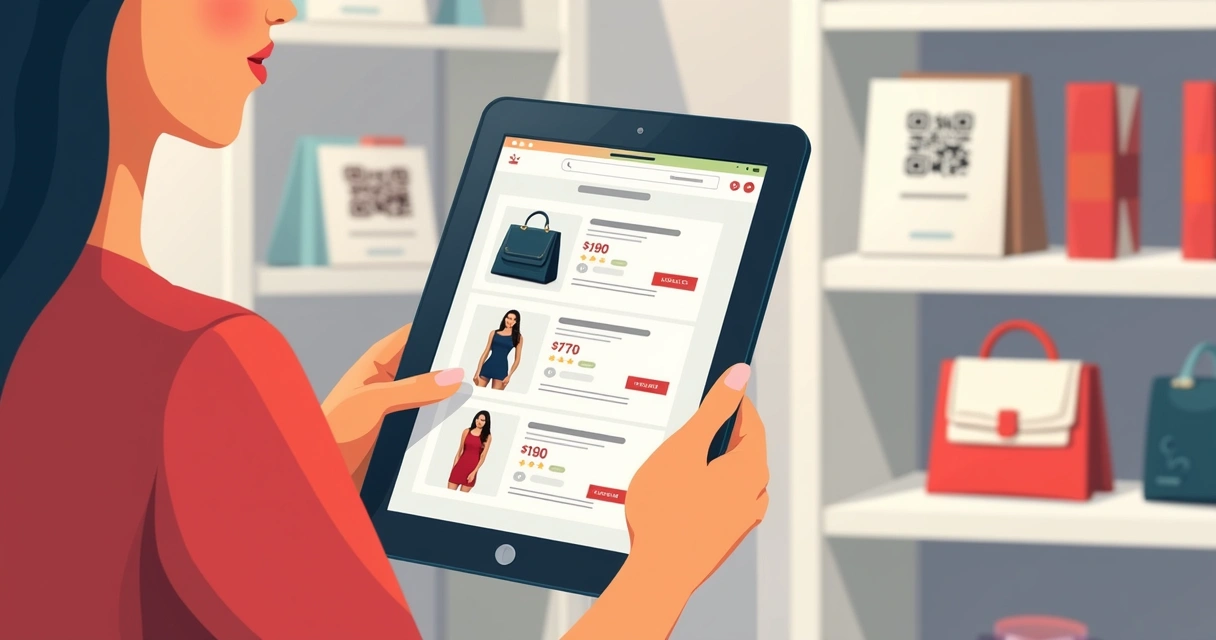 Catálogo digital sendo navegado em tablet por cliente em loja pequena 