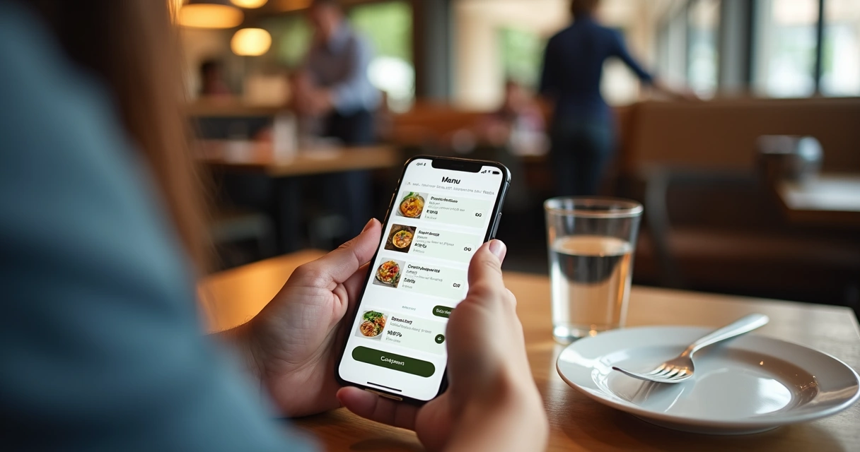 Cliente usando catálogo digital em mesa de restaurante 