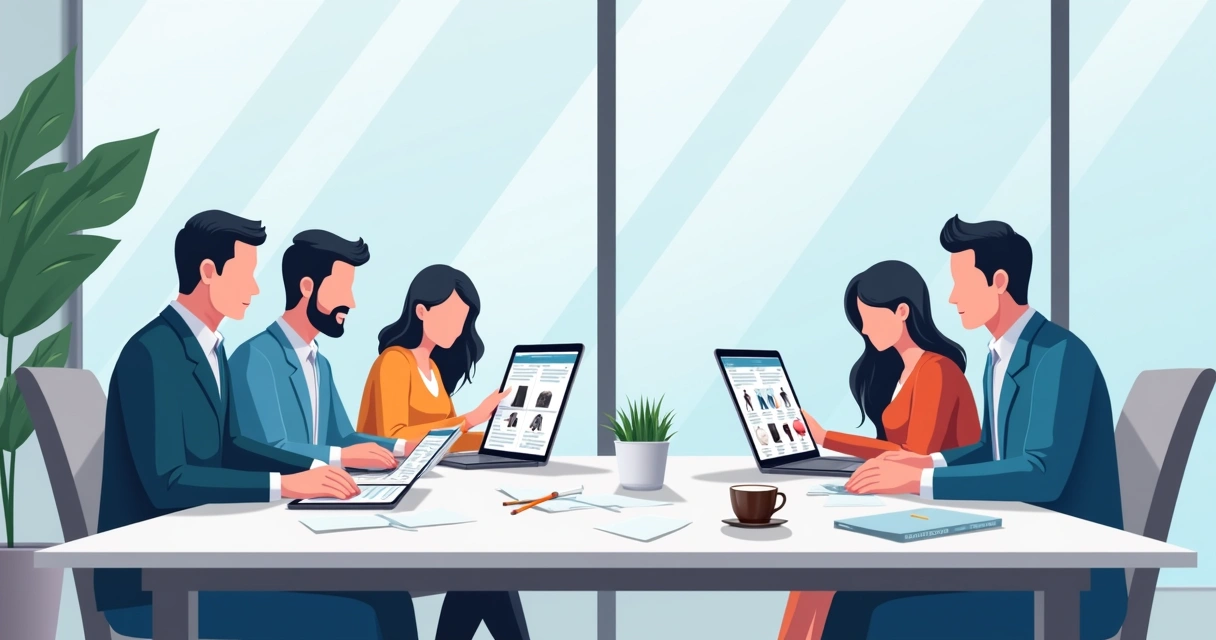 Mesa de reunião com pessoas analisando um catálogo digital em tablet e notebook 