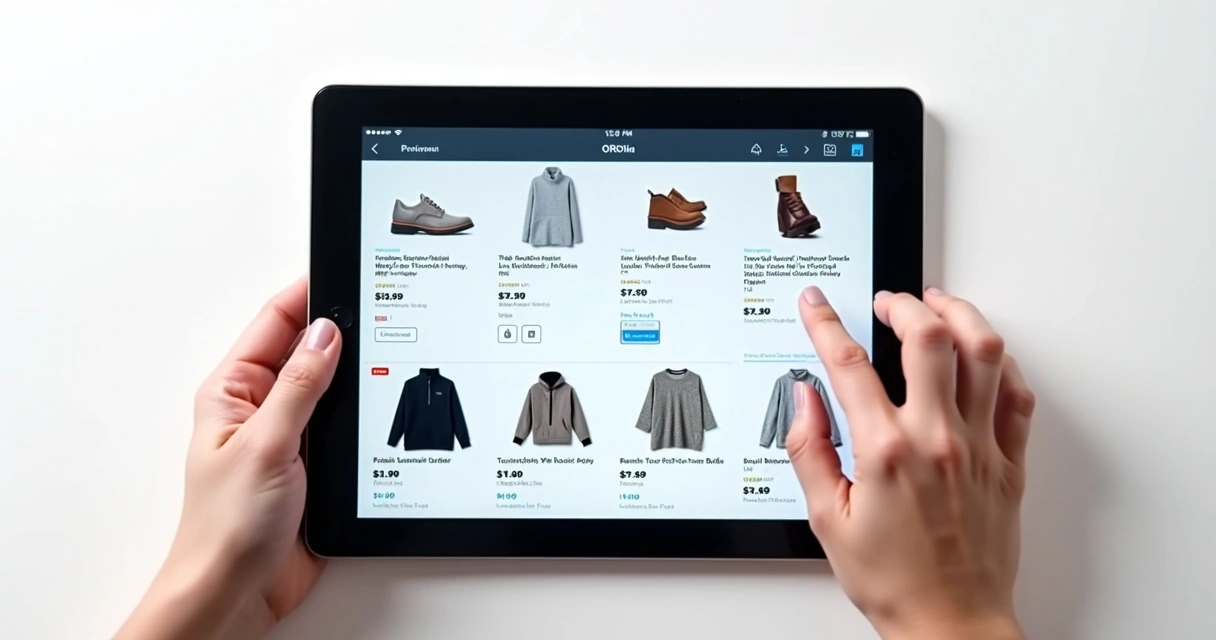 Interface de catálogo digital moderno com mãos usando tablet 
