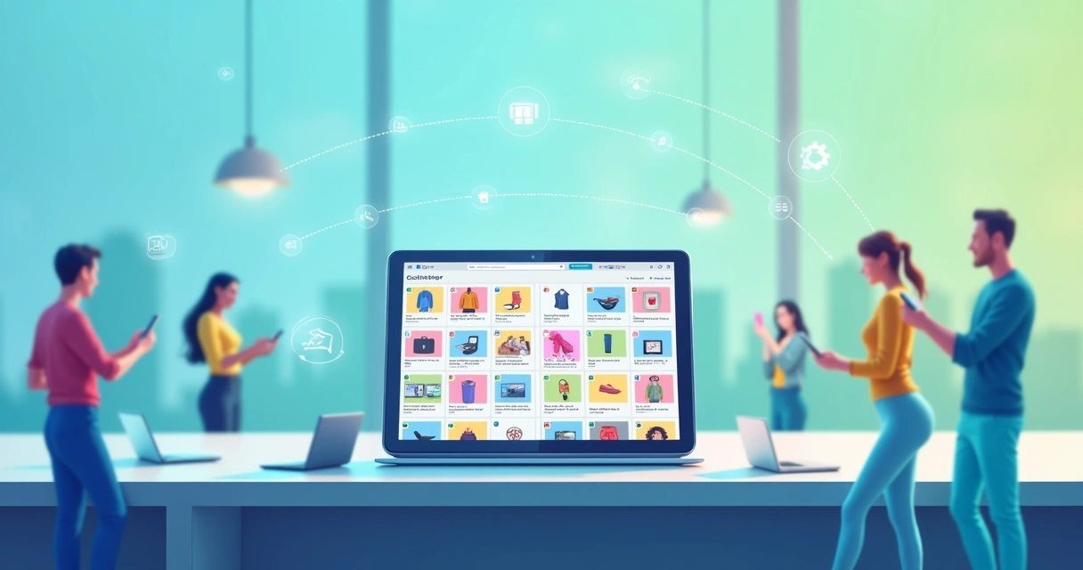 Interface de catálogo digital exibida em um tablet moderno em uma mesa elegante, destacando produtos diversos.