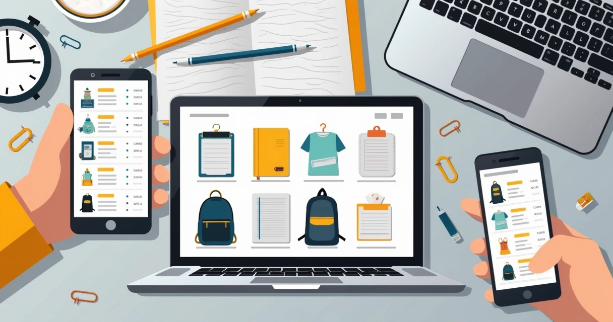 Mockup de um catálogo digital de papelaria aberto em celular e notebook, mostrando produtos e preços 