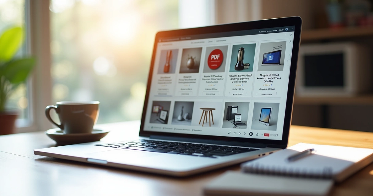 Visualização de um catálogo digital em PDF, com produtos organizados e imagens nítidas em tela de notebook 