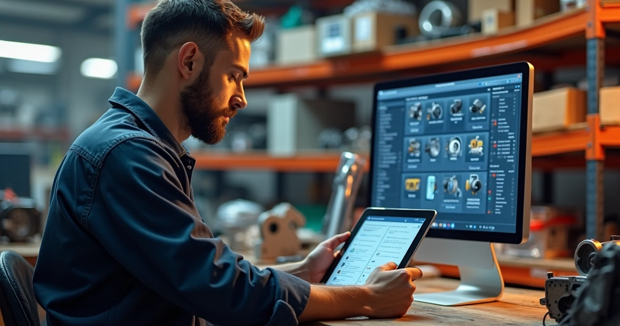 Homem usando catálogo digital em tablet dentro de oficina