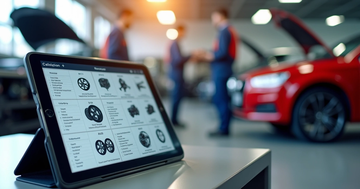 Catálogo digital de autopeças exibido em tablet dentro de oficina com carros em background 
