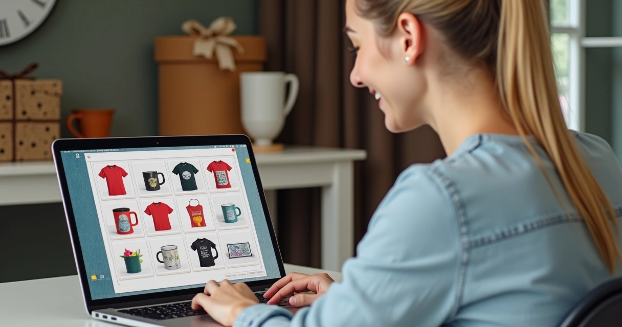 Mulher usando notebook com catálogo digital aberto 