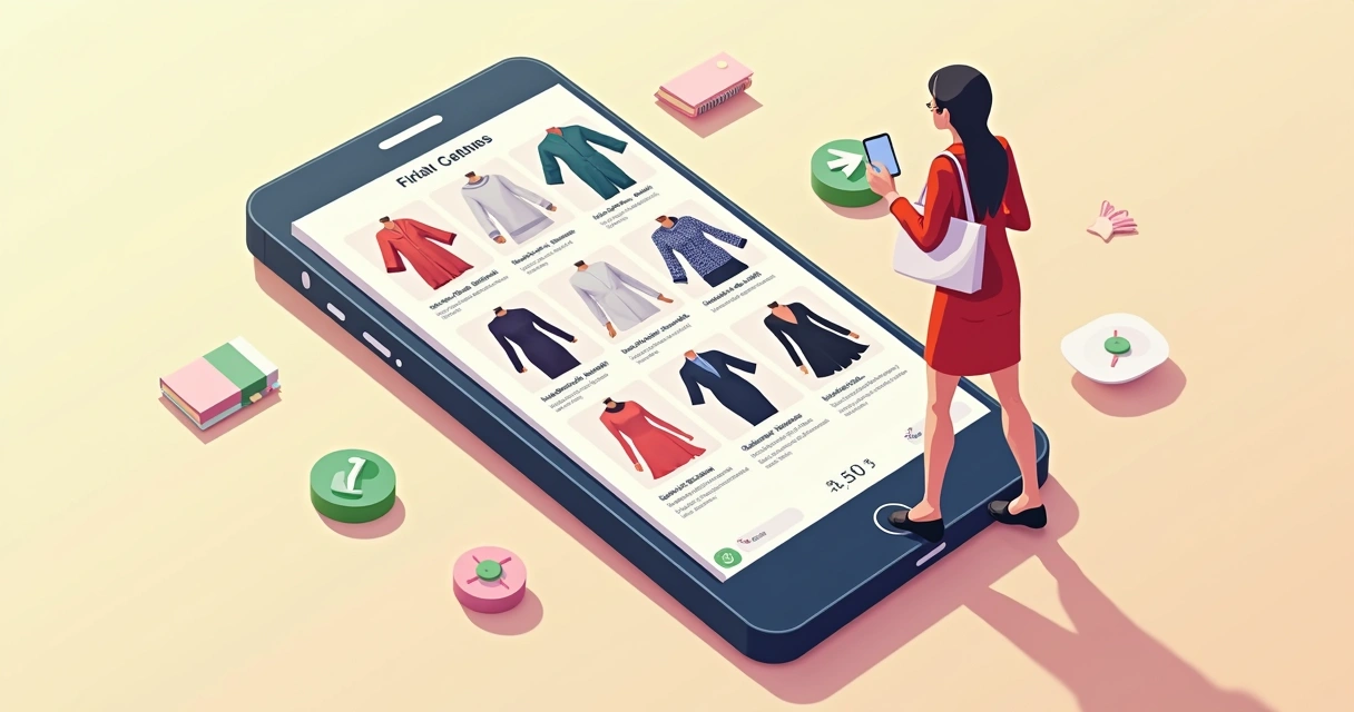 Página de catálogo digital com roupas femininas organizadas por categoria 