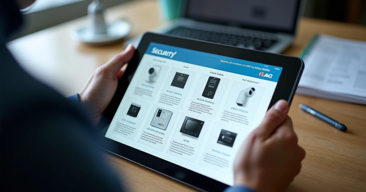 Pessoa consultando catálogo digital de produtos de segurança eletrônica em tablet 