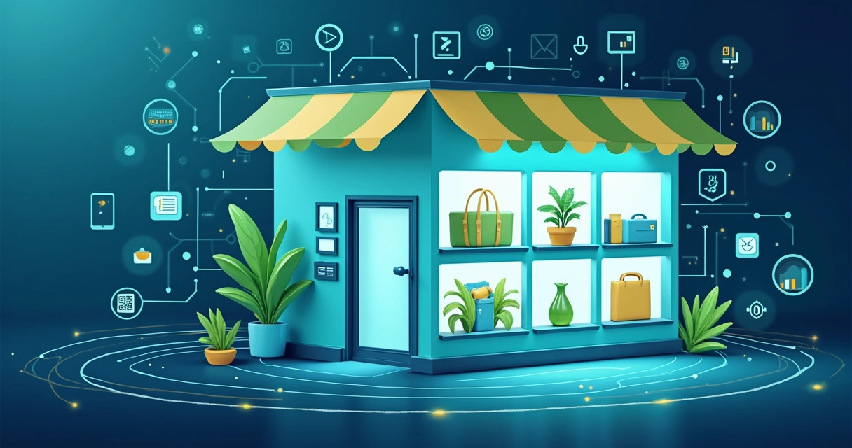 Vitrine digital com produtos organizados e elementos que representam inteligência artificial ao redor 