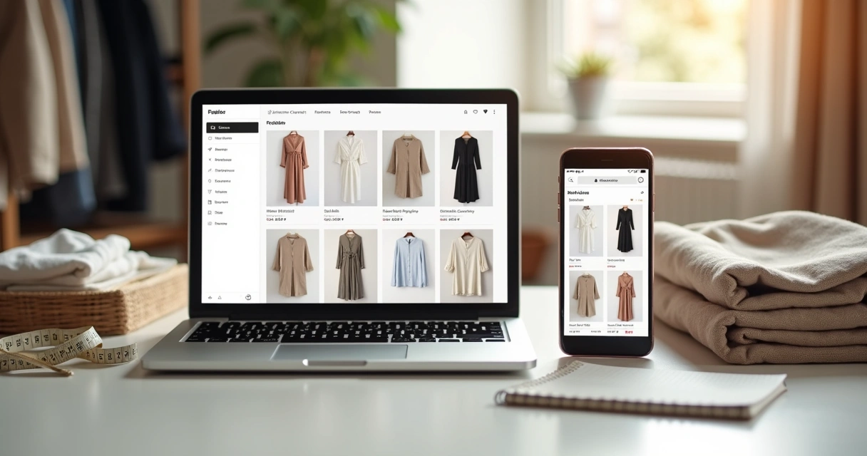 Catálogo digital de roupas em notebook e celular 