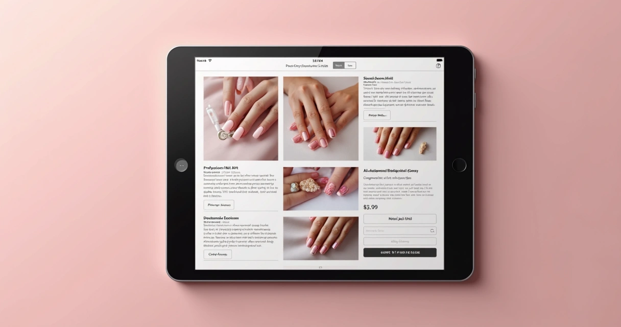 Página de catálogo digital com fotos de unhas decoradas e sessão de descrição de serviços 