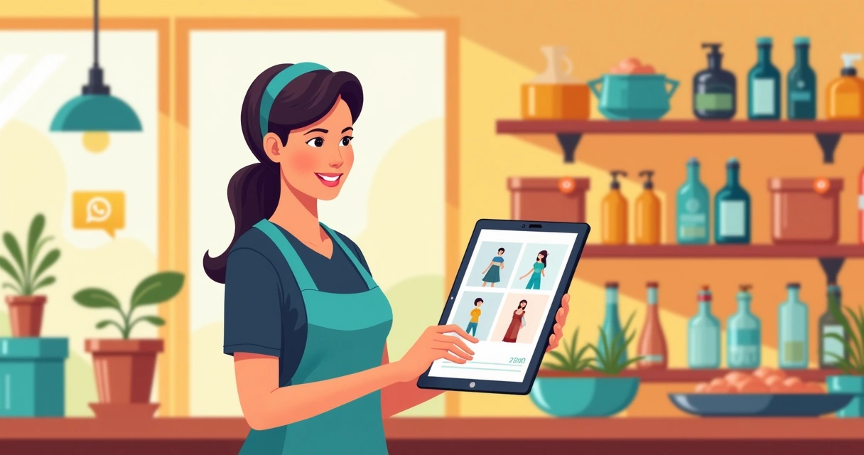 Pequeno lojista mostrando catálogo digital numa tela de tablet 