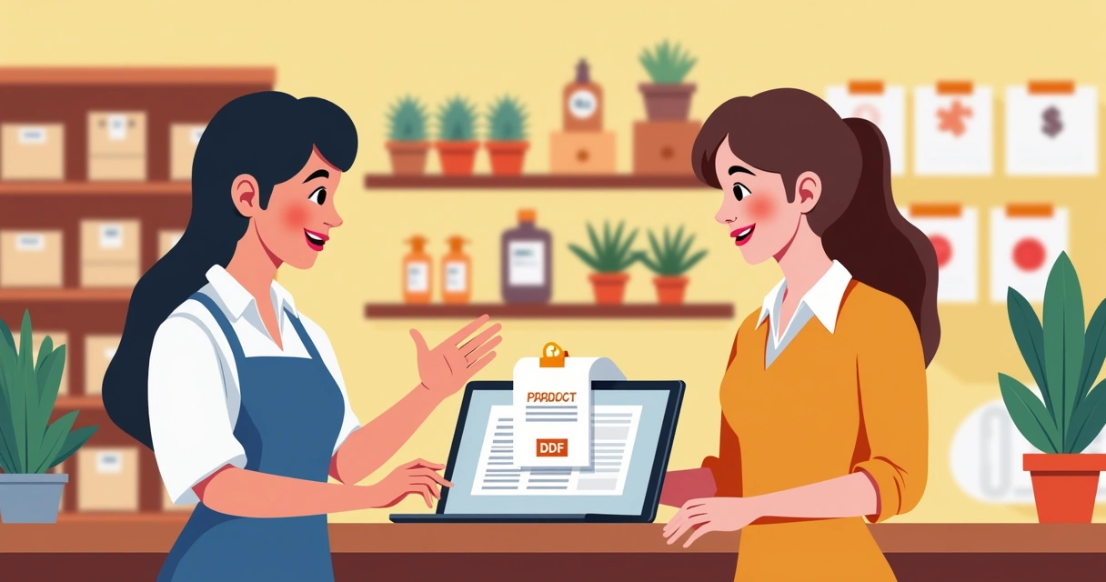 Pequeno lojista usando catálogo digital para vender a cliente 