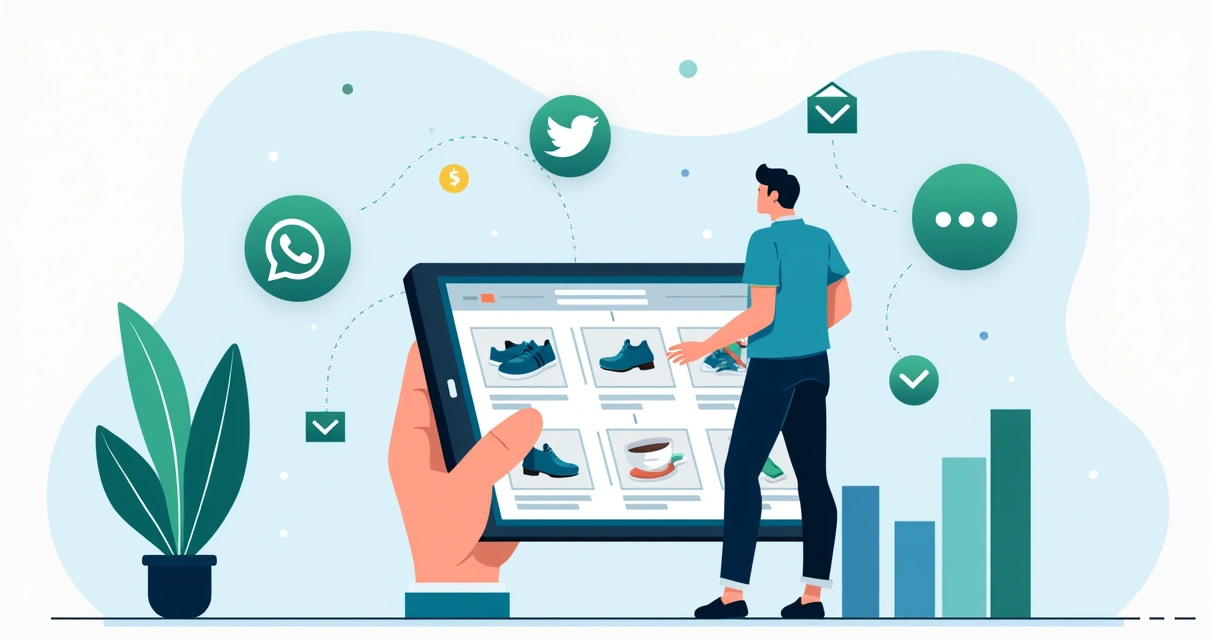 Ilustração de uma pessoa criando um catálogo digital em tablet com ícones de WhatsApp, redes sociais e gráficos de vendas ao fundo 