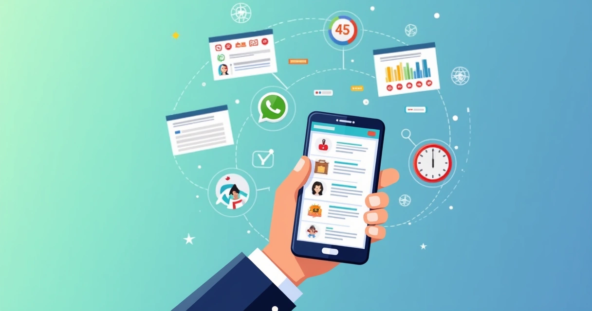 Ilustração corporativa de pessoa usando celular para criar catálogo digital e vender pelo WhatsApp com elementos digitais e ícones de catálogo e mensagens 