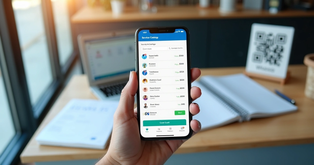 Catálogo digital de serviços aberto no celular com contato por WhatsApp 