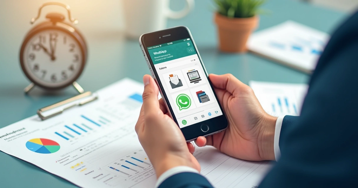 Vendedor mostrando catálogo digital atualizado no celular via WhatsApp