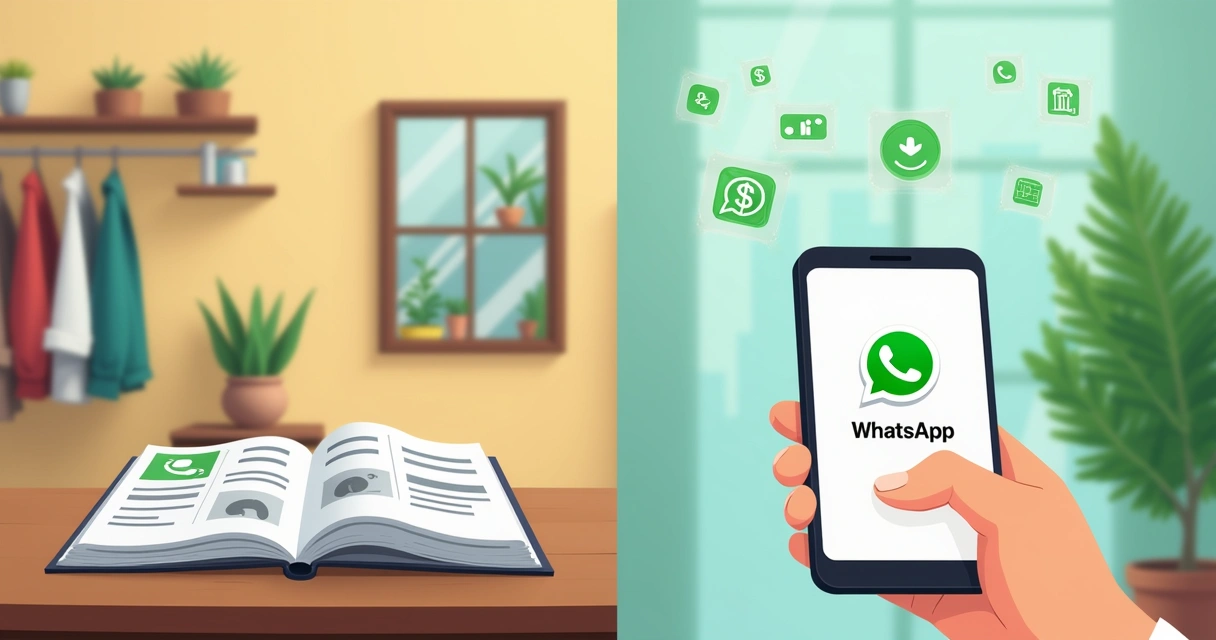 Comparação entre catálogo impresso aberto e catálogo digital aberto no celular lado a lado 