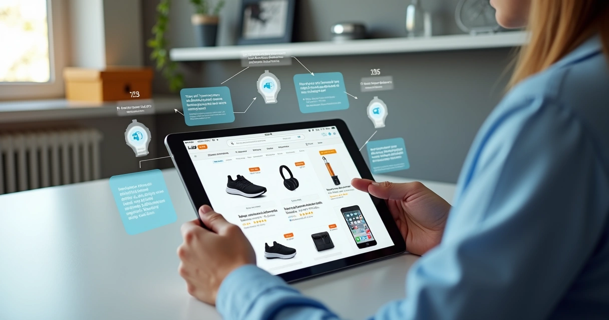 Gestor analisando catálogo de e-commerce com realidade aumentada em tablet 