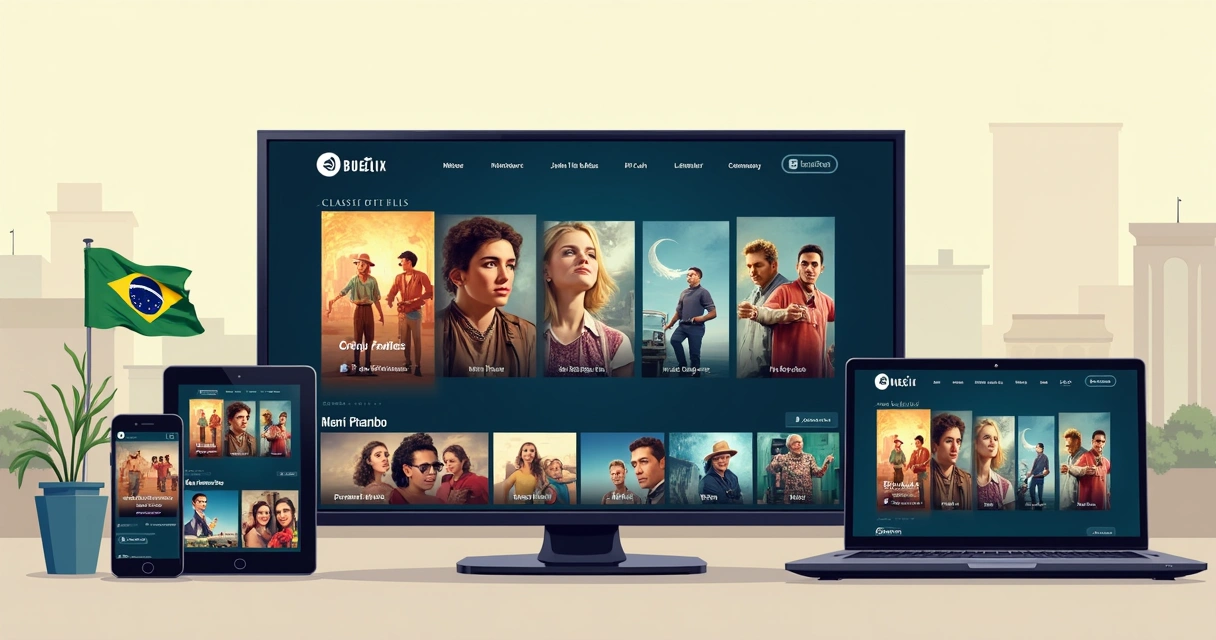Catálogo de filmes clássicos exibido em diferentes dispositivos 