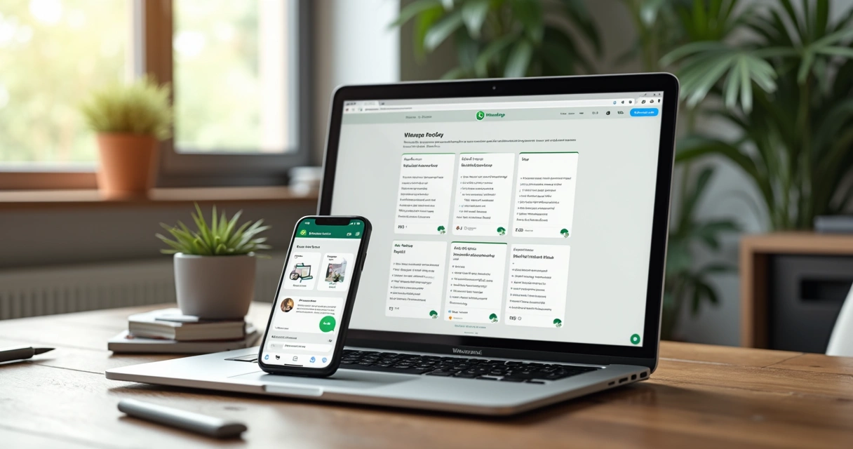 Gestão de catálogo de produtos no WhatsApp em uma mesa de escritório 