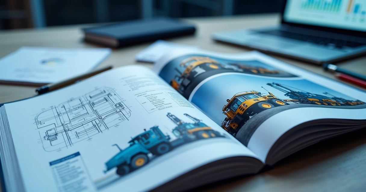 Catálogo industrial aberto mostrando diagramas técnicos e fotos de equipamentos 