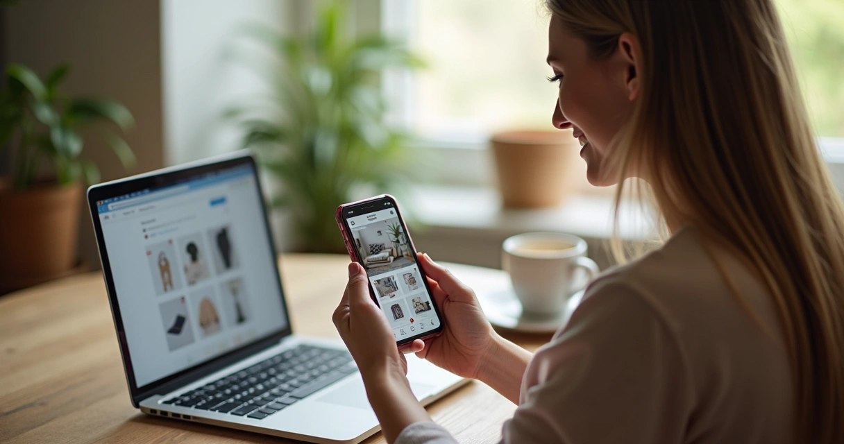 Mulher usando celular para criar catálogo digital para Instagram 