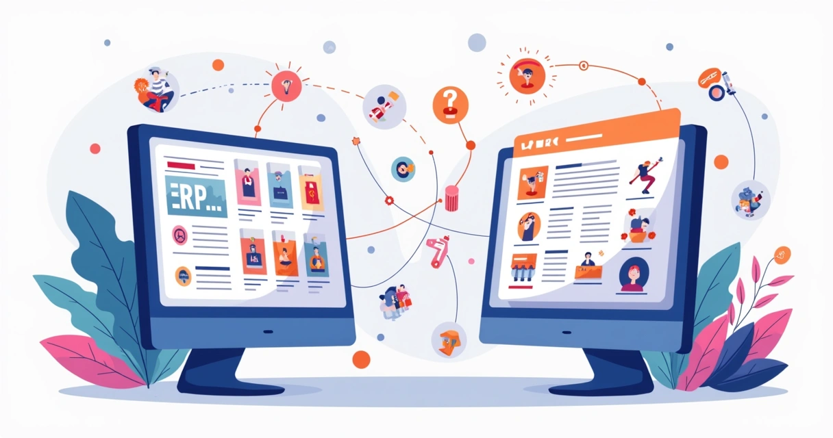 Ilustração de integração visual entre software ERP e catálogo digital