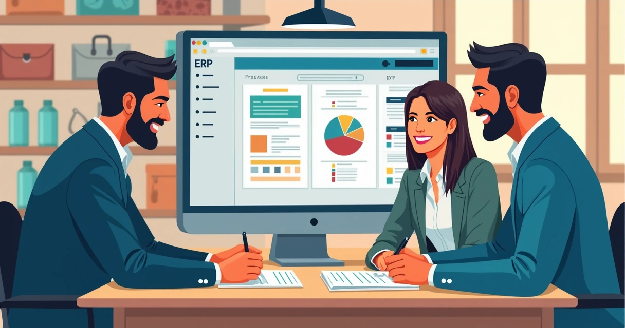 Reunião de gestores com catálogo de produtos integrado ao ERP na tela