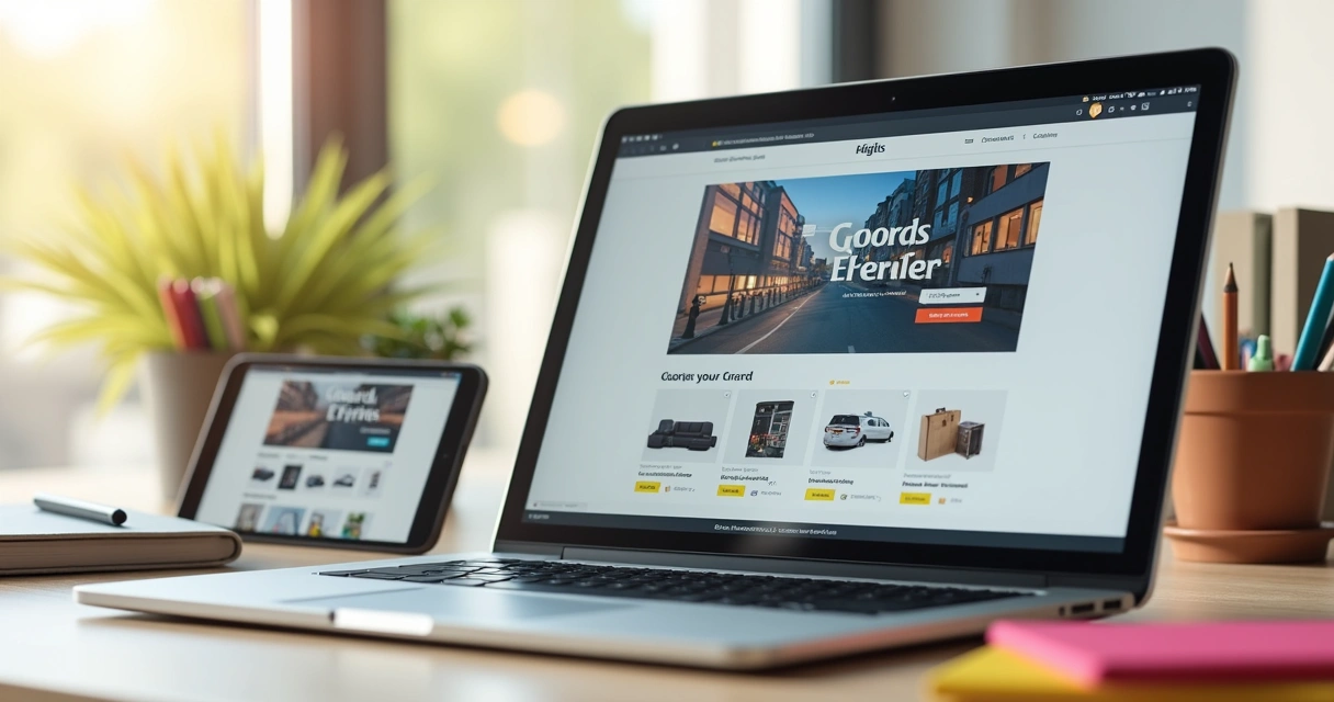 Catálogo digital aberto em notebook e smartphone lado a lado com fundo claro 