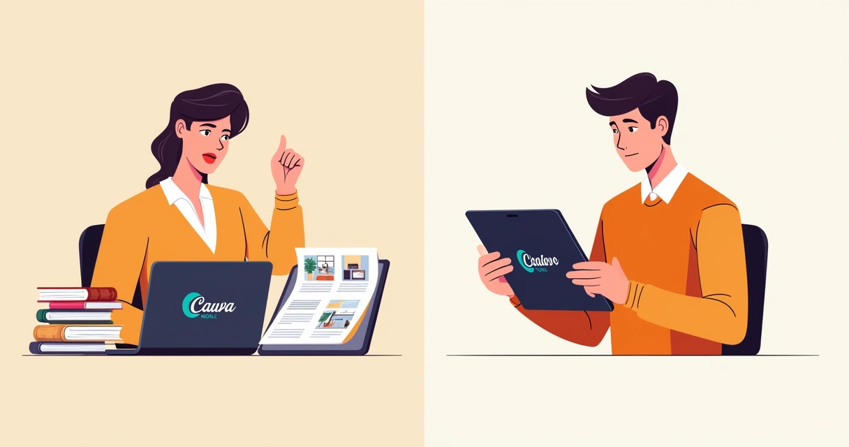 Comparação visual: automação do Catálogo Mobile X manualidade do Canva