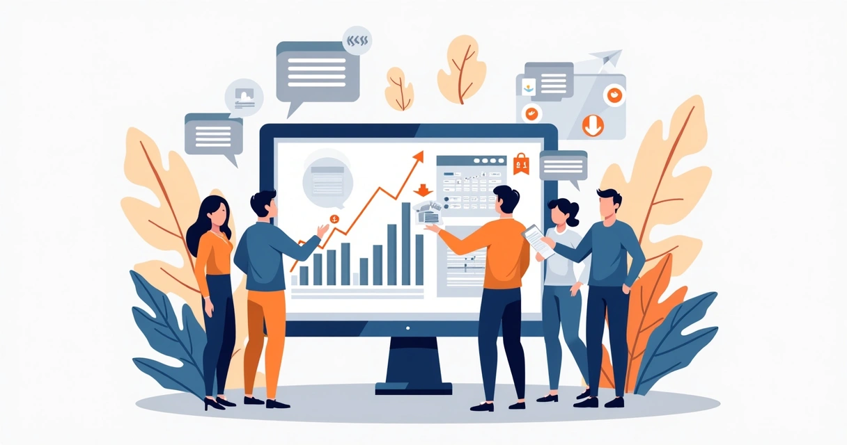 Equipe de vendas em volta de tela com gráficos de crescimento