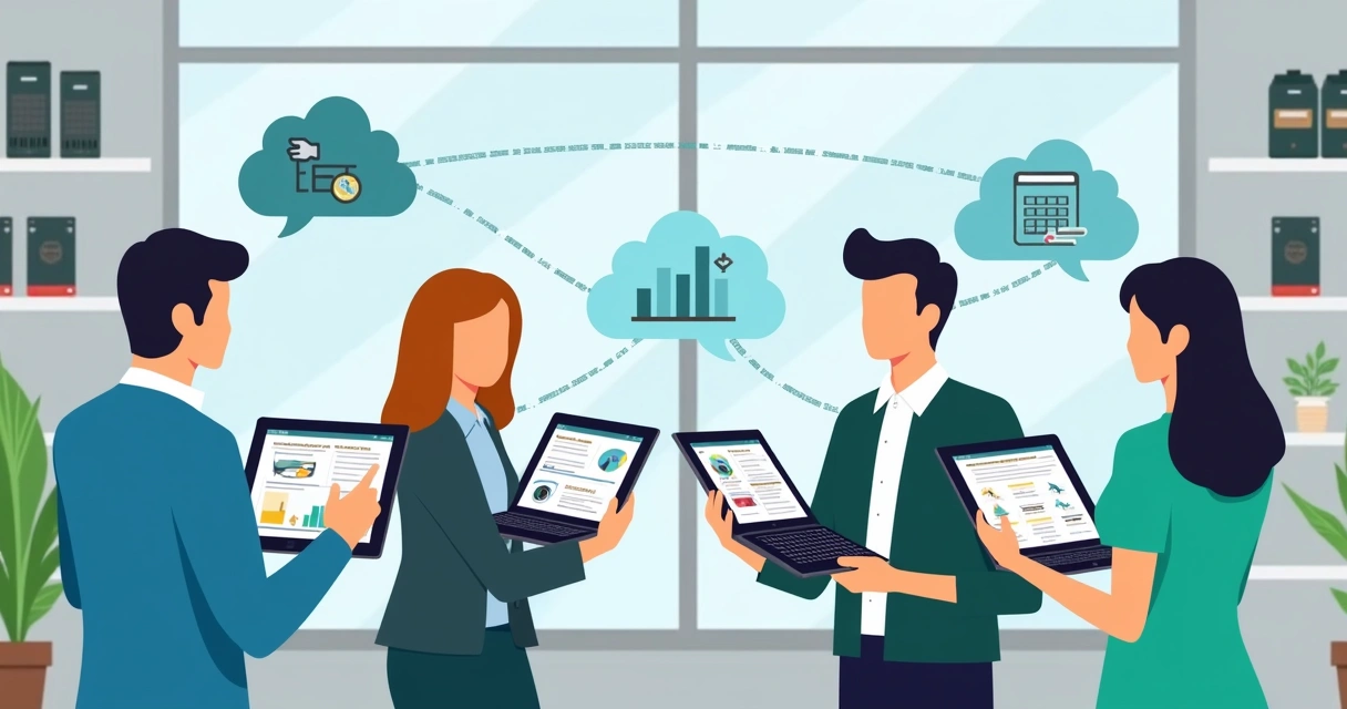 Equipe de vendas usando tablets com catálogo digital integrado ao ERP